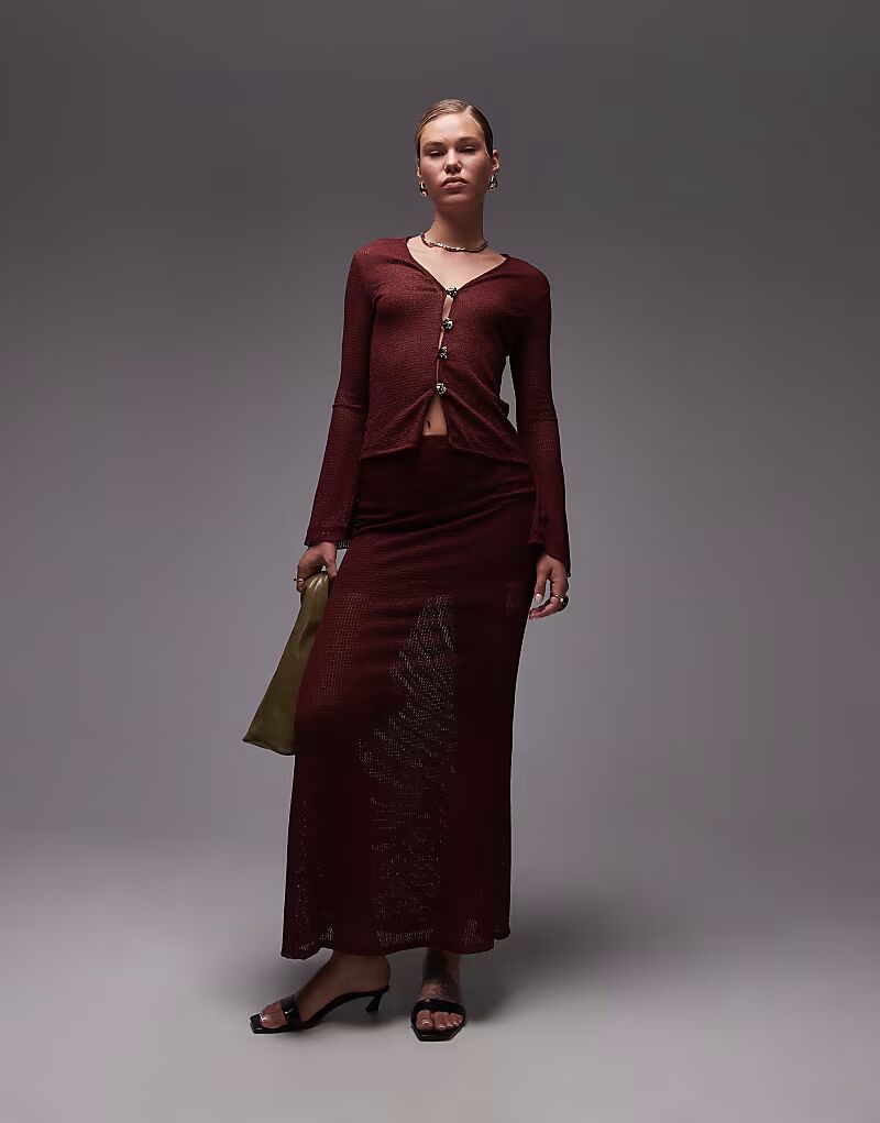 

Длинная юбка-рыбка ASOS DESIGN, связанная крючком, бордового цвета