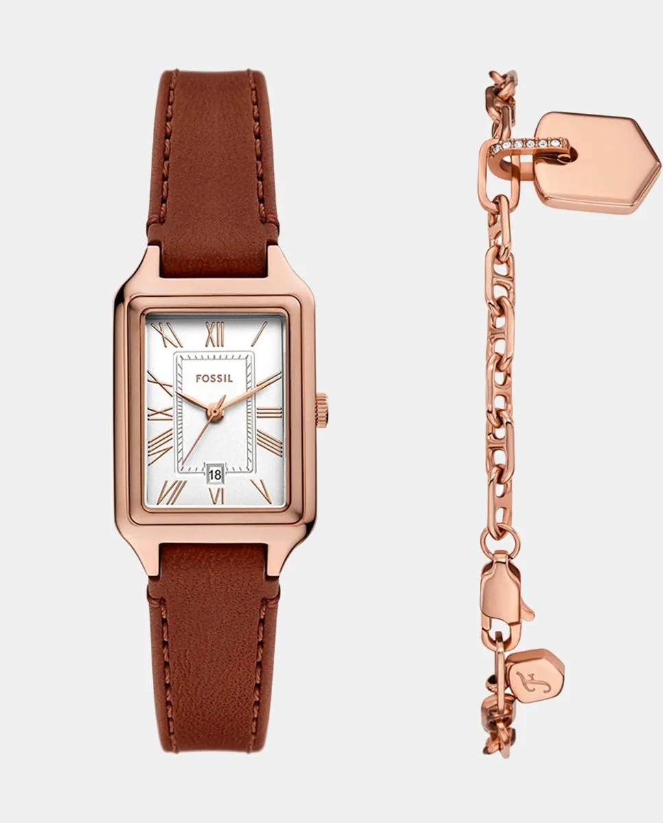 

Raquel ES5377SET женские часы и браслет из коричневой кожи Fossil, розовое золото