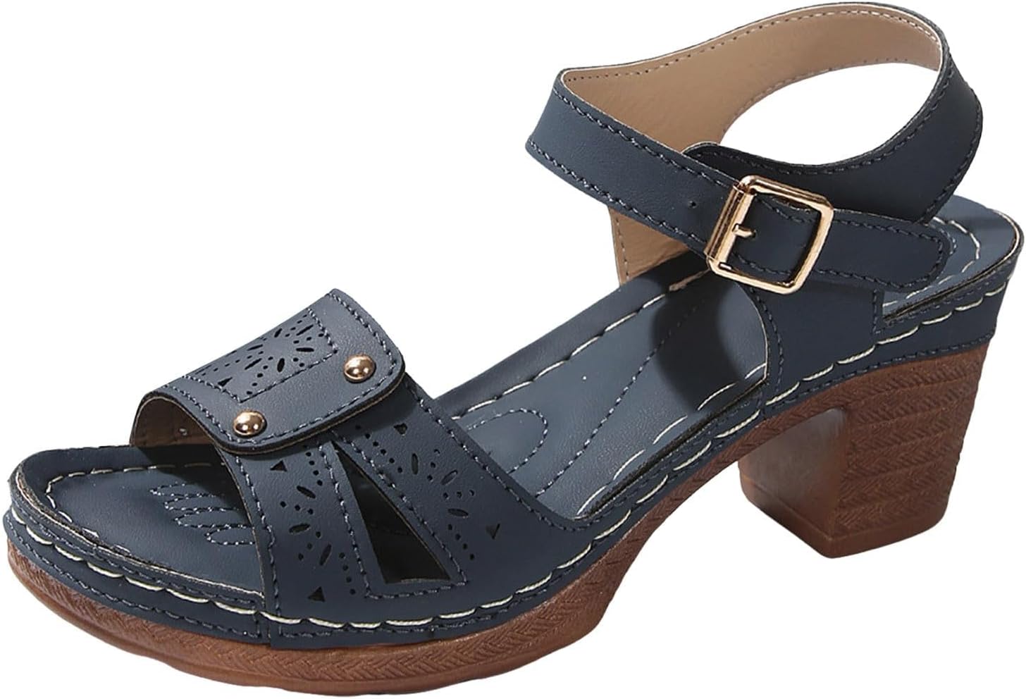 

Женские массивные сандалии с элегантной низкой танкеткой, удобная платформа, летние повседневные туфли с поддержкой свода стопы, сандалии на ремешке вокруг щиколотки, с вырезами, открытый носок, дышащая обувь Generic, темно-синий