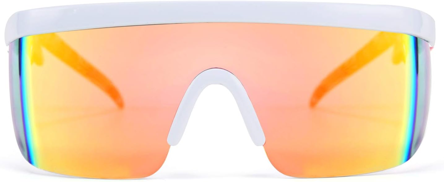 

FEISEDY Большие зеркальные спортивные солнцезащитные очки в стиле 80-х, горнолыжные очки с плоским верхом, цельные, футуристический козырек, для женщин и мужчин, B2522, C06 Rainbow Blue Red Leg