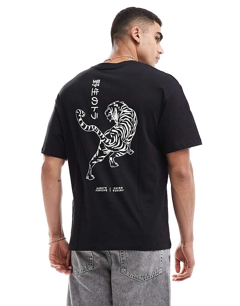 

Черная оверсайз-футболка с тигровым принтом на спине Jack & Jones