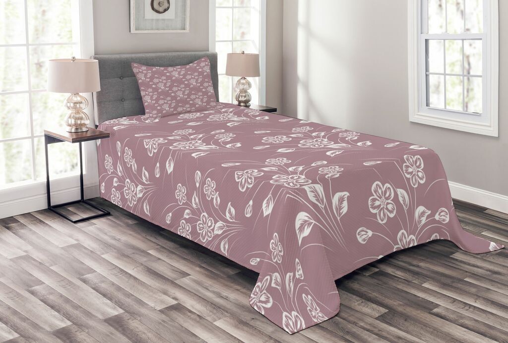 

Комплект покрывала ABAKUHAUS Natural, абстрактные монохромные цветы, комплект с моющимися наволочками, для односпальных кроватей 170 x 220 см, бледно-фиолетовый и белый