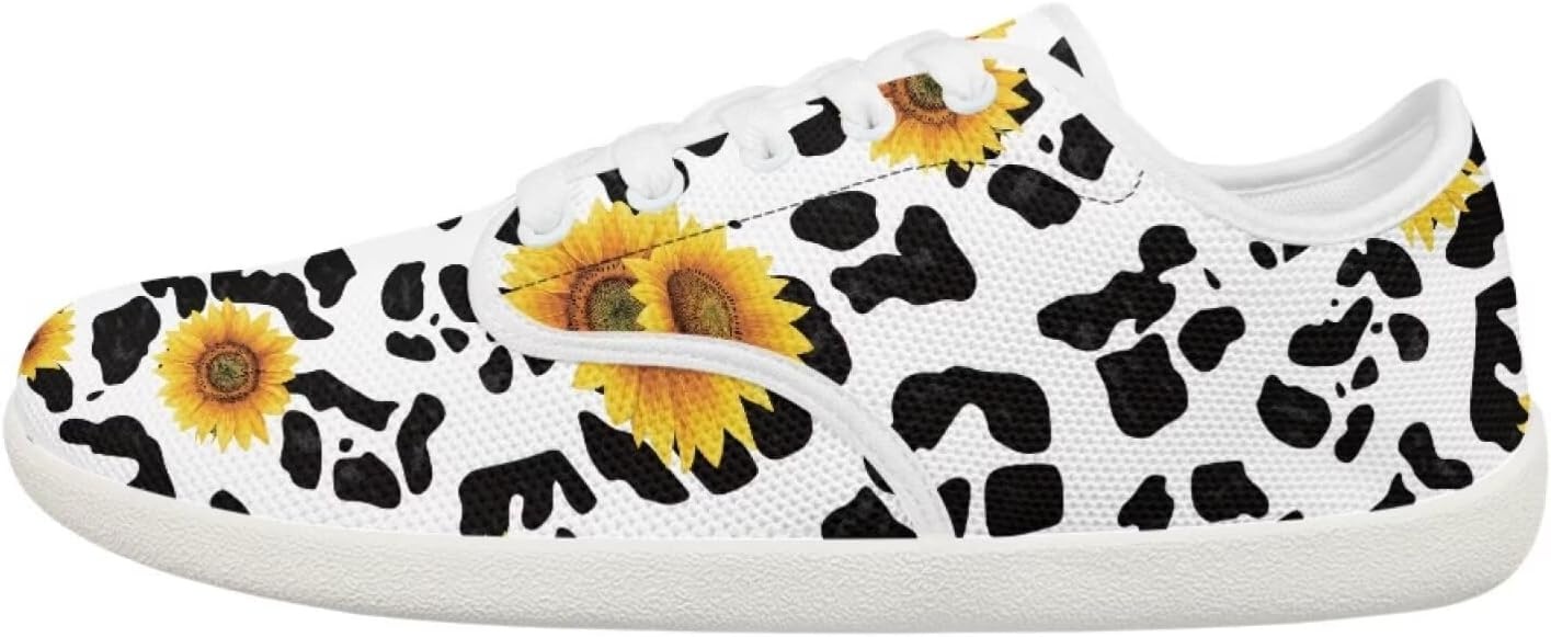 

Кроссовки Forchrinse Black Dog с отпечатком лапы, для прогулок, женские и мужские, низкие, минималистичные босоножки с широким носком, удобные обувь для повседневной носки и работы, Sunflower Cow Print