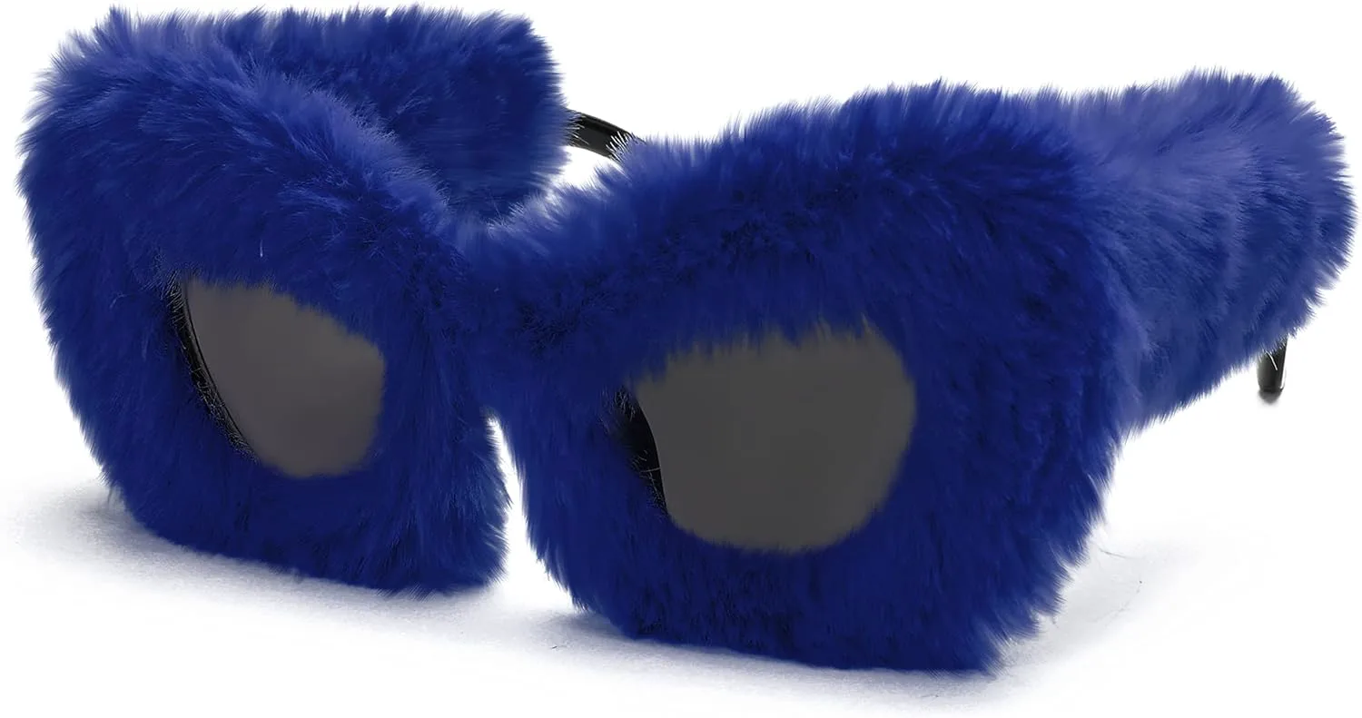 

FEISEDY Женские плюшевые пушистые солнцезащитные очки «кошачий глаз» в стиле панк, мягкие бархатные очки ручной работы для вечеринок и маскарадов B2877, Blue