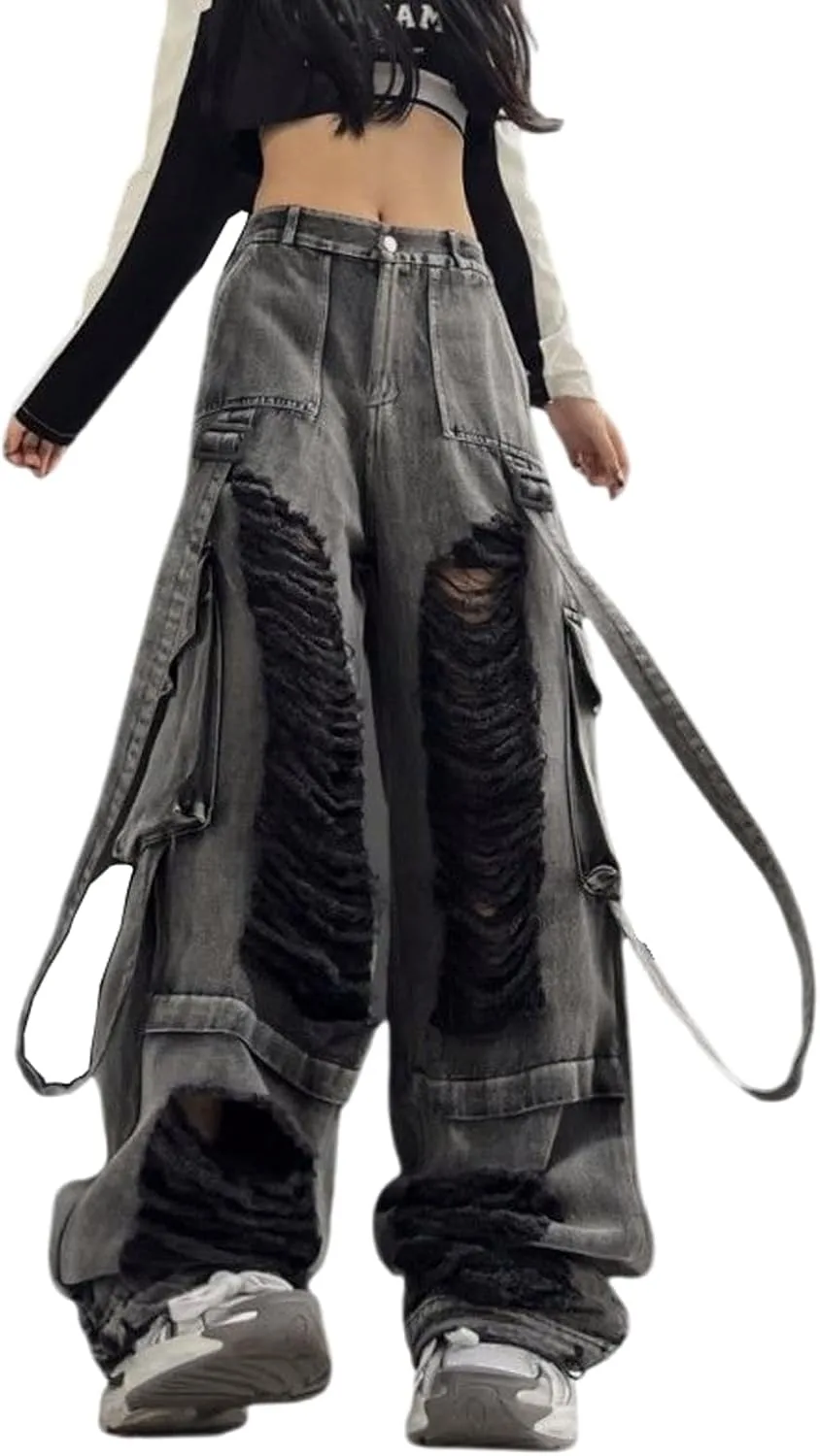 

Женские джинсы в готическом стиле, рваные с широкими штанинами CBDAO