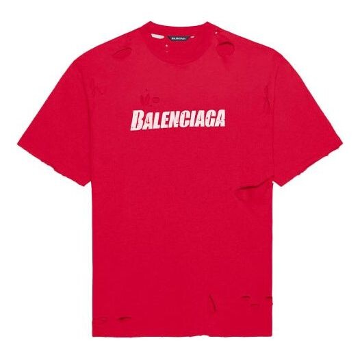 

Футболка men's alphabet printing pattern hole round neck short sleeve red Balenciaga, красный