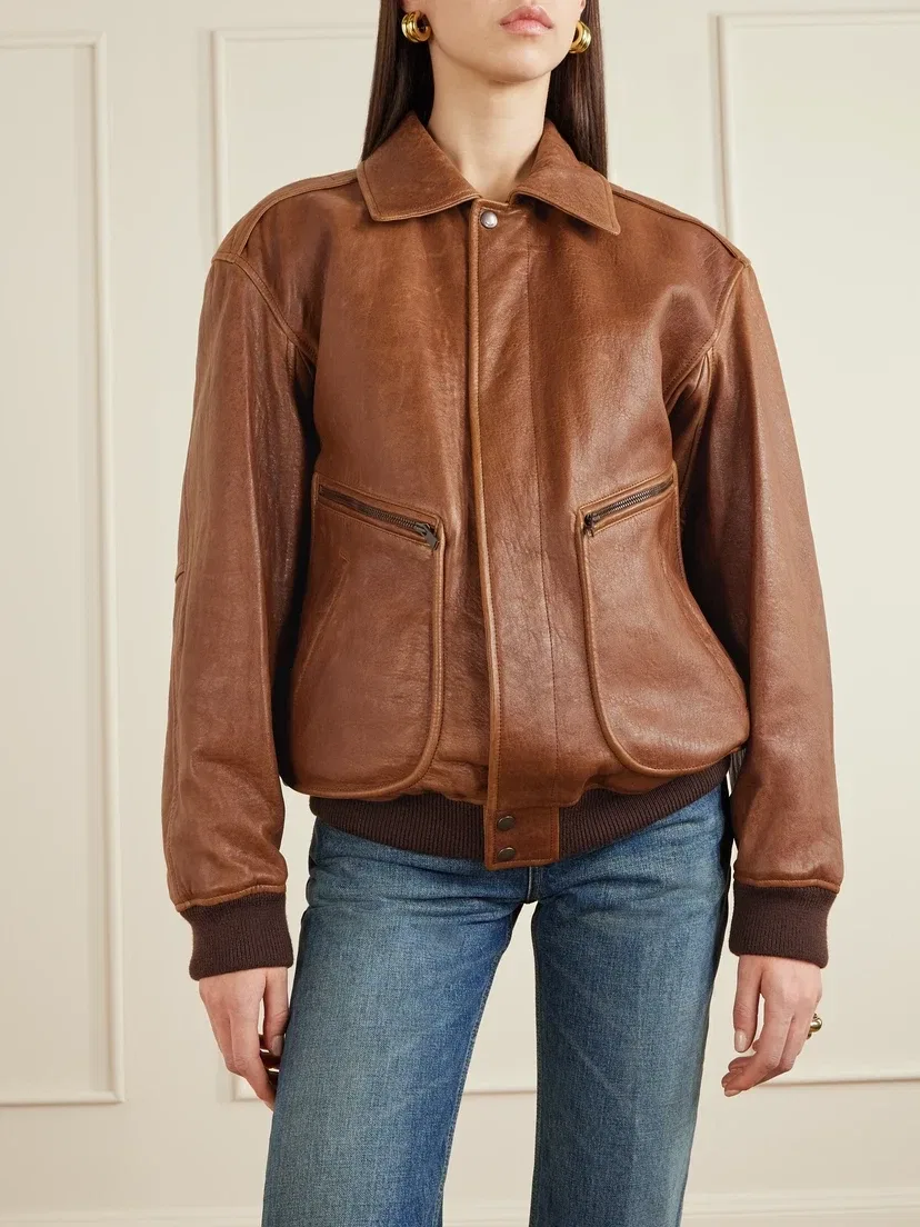 Кожаная куртка-бомбер SAINT LAURENT, коричневый — фото 3