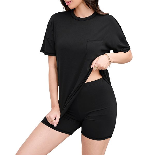 

Женский комплект для отдыха с карманом, коротким рукавом и круглым вырезом Clearflower, Black