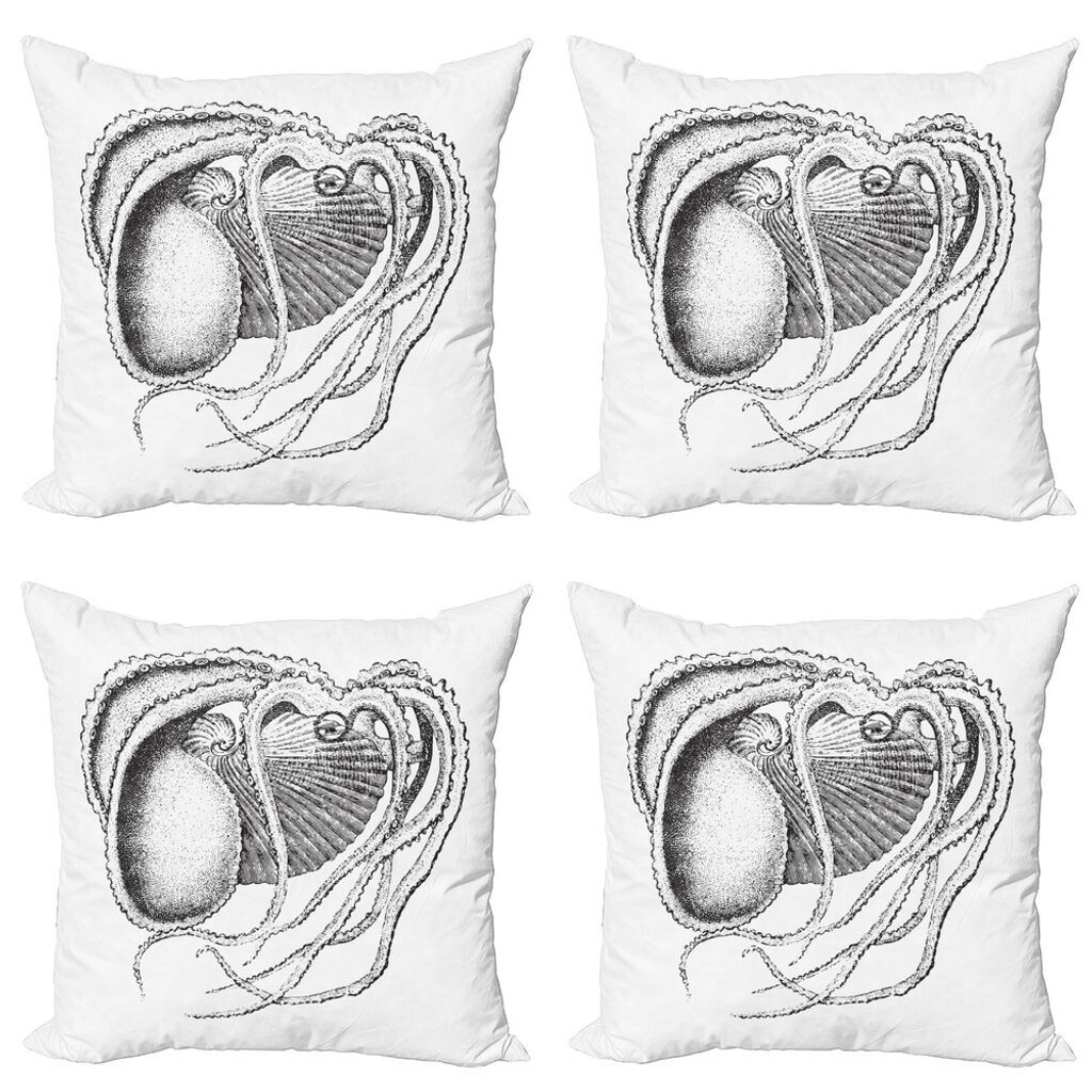 

ABAKUHAUS Набор чехлов на подушки в виде кальмара (4 предмета), жизнь морских животных в ракушках, современная двусторонняя цифровая печать, 40 см x 40 см, белый кока-серый