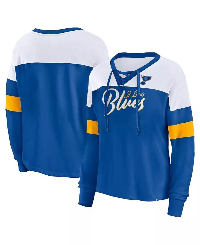 

Женская синяя футболка St. Louis Blues Take the Shot с длинным рукавом и V-образным вырезом на шнуровке Fanatics