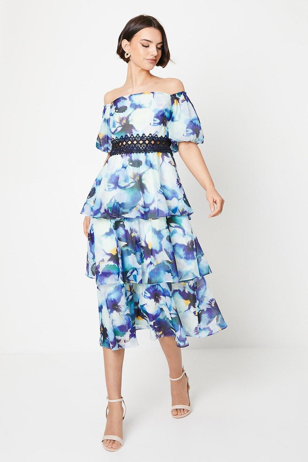 

Платье мидакси с вырезом из органзы и цветочным принтом Oasis, синий