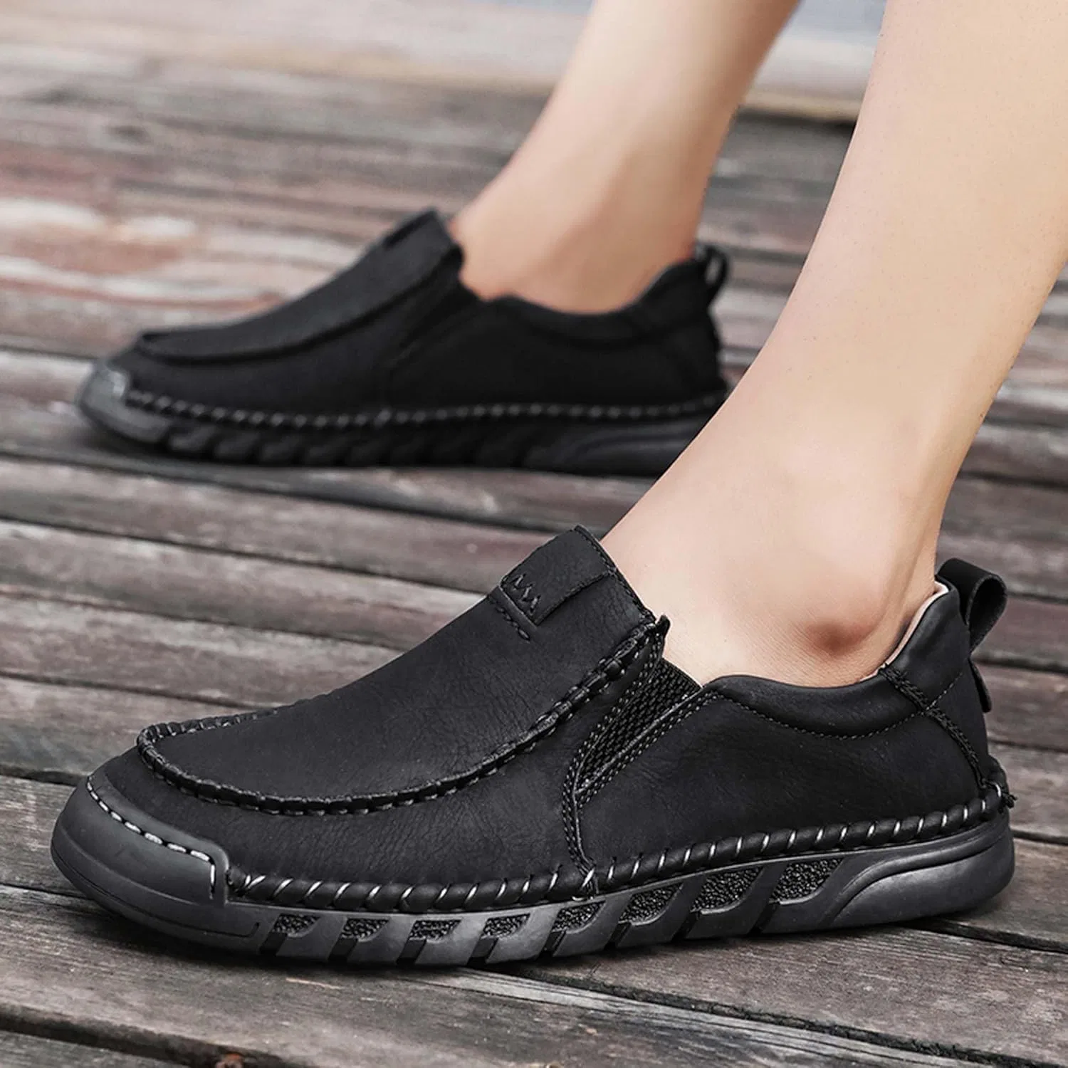 Кроссовки для ходьбы мужские Premium Leather, Black — фото 3