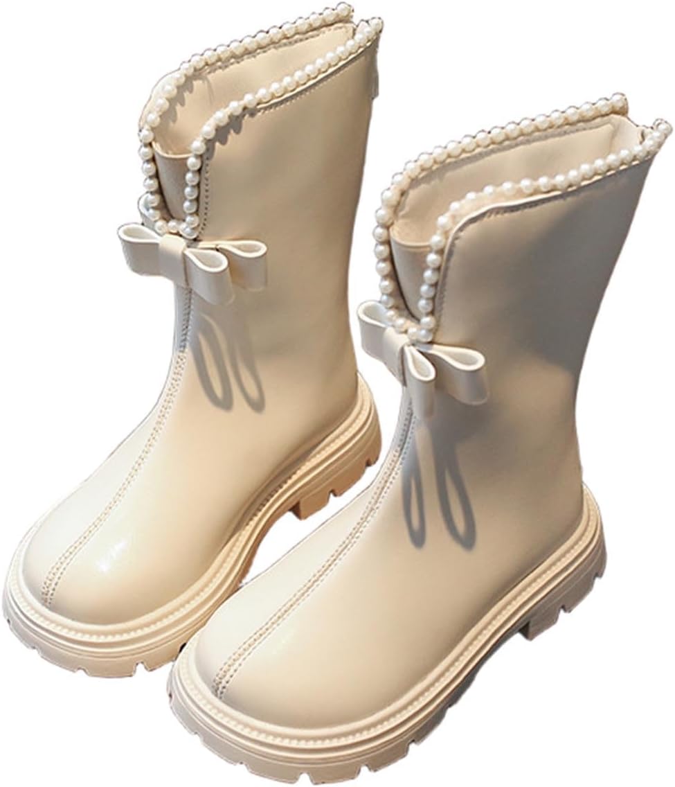 

Детские модные сапоги для верховой езды с флисовой подкладкой, уличные водонепроницаемые ботинки средней длины с противоскользящей подошвой и украшением из жемчуга Generic, White