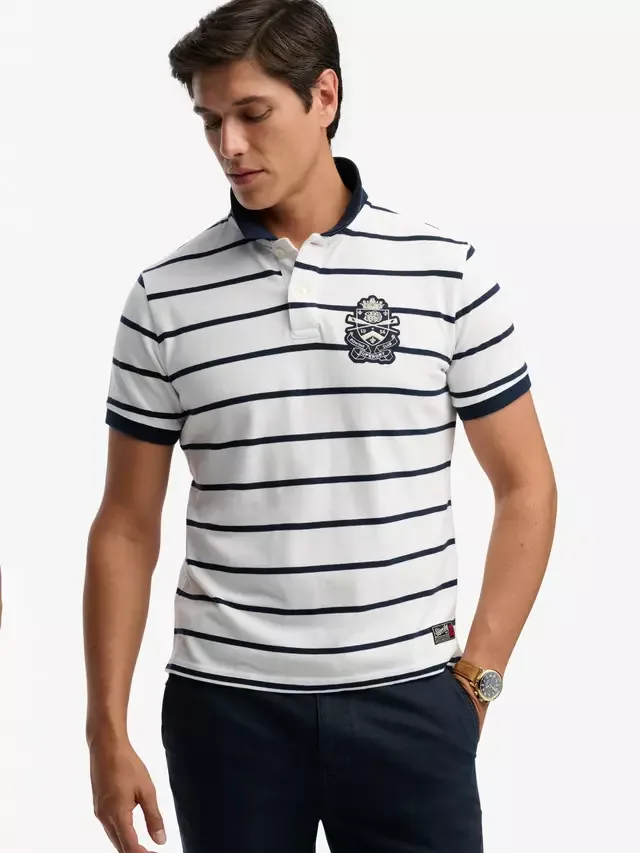 Хлопковая поло-рубашка с коротким рукавом Crest Stripe, полосатая (оптическая/темно-синяя) Superdry — фото 4