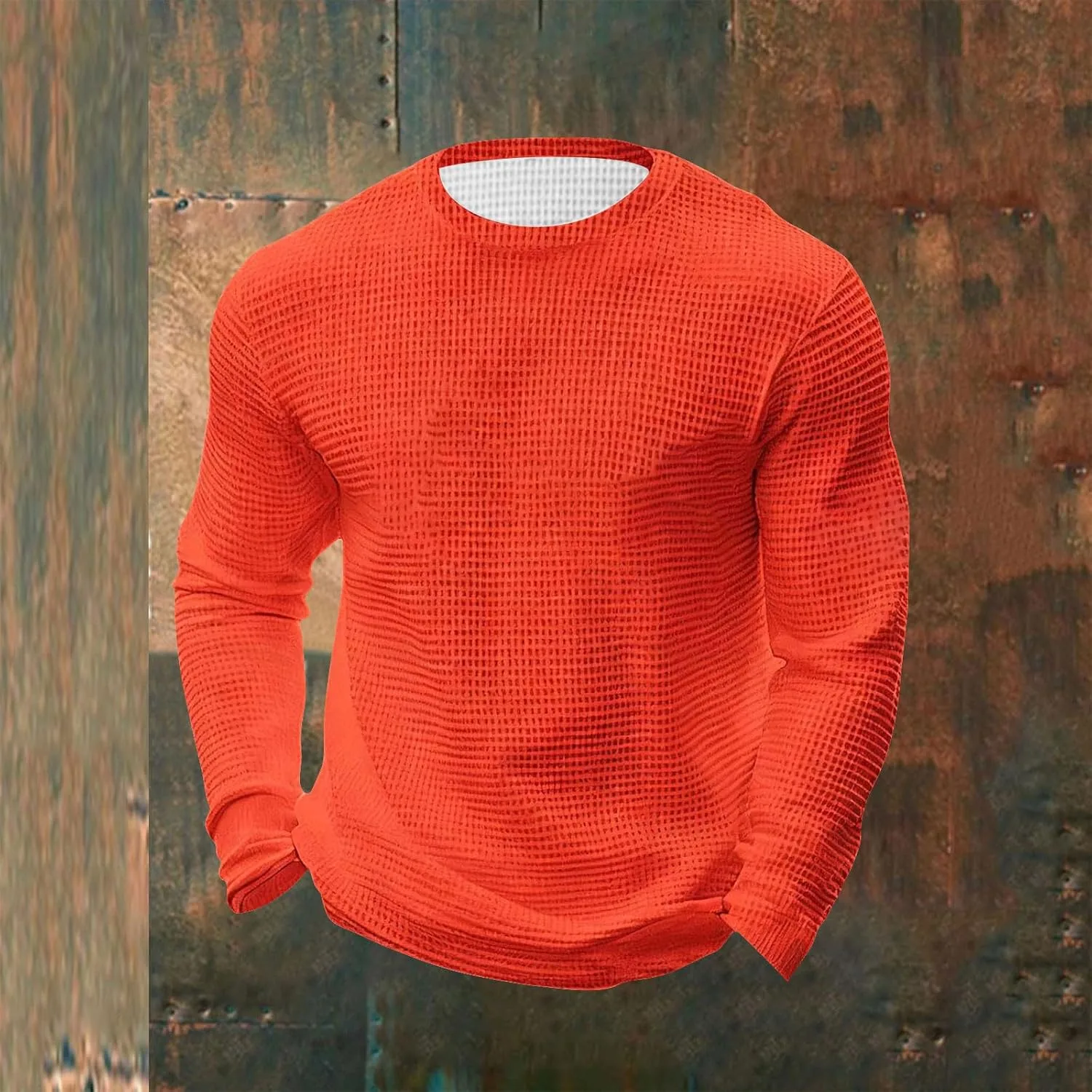 Футболка-вафля для мужчин Casual Fashion с длинным рукавом и круглым вырезом — фото 2