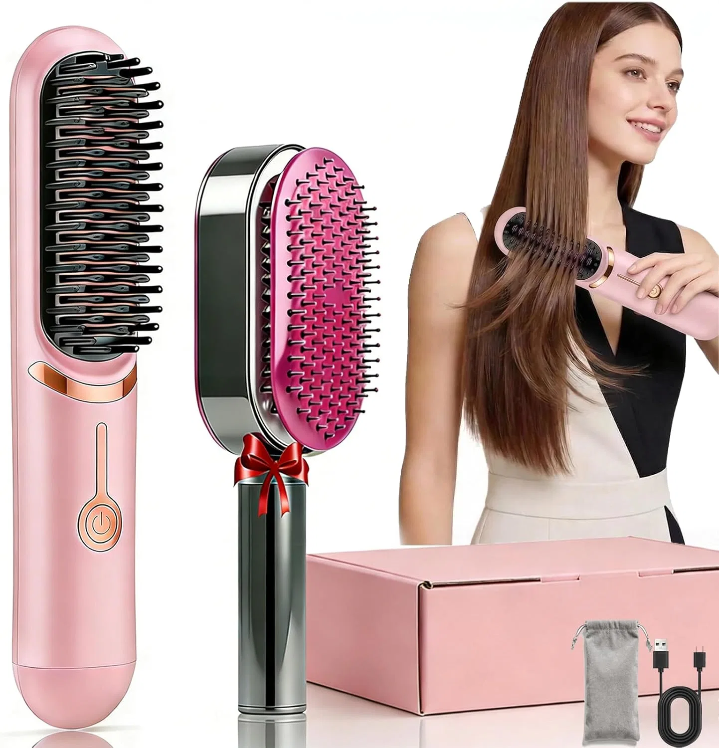 Беспроводная выпрямляющая щетка с ионизацией 2-в-1 (розовая) Zzjtpa, Pink