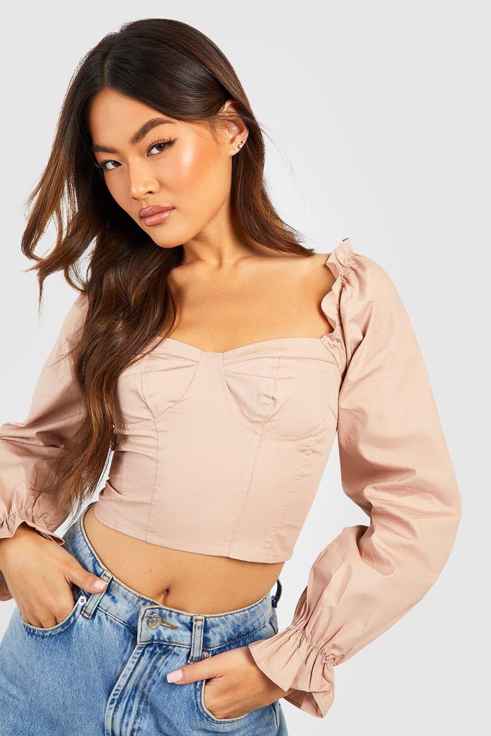 

Укороченный топ из ткани с длинными рукавами Boohoo, серо-коричневый
