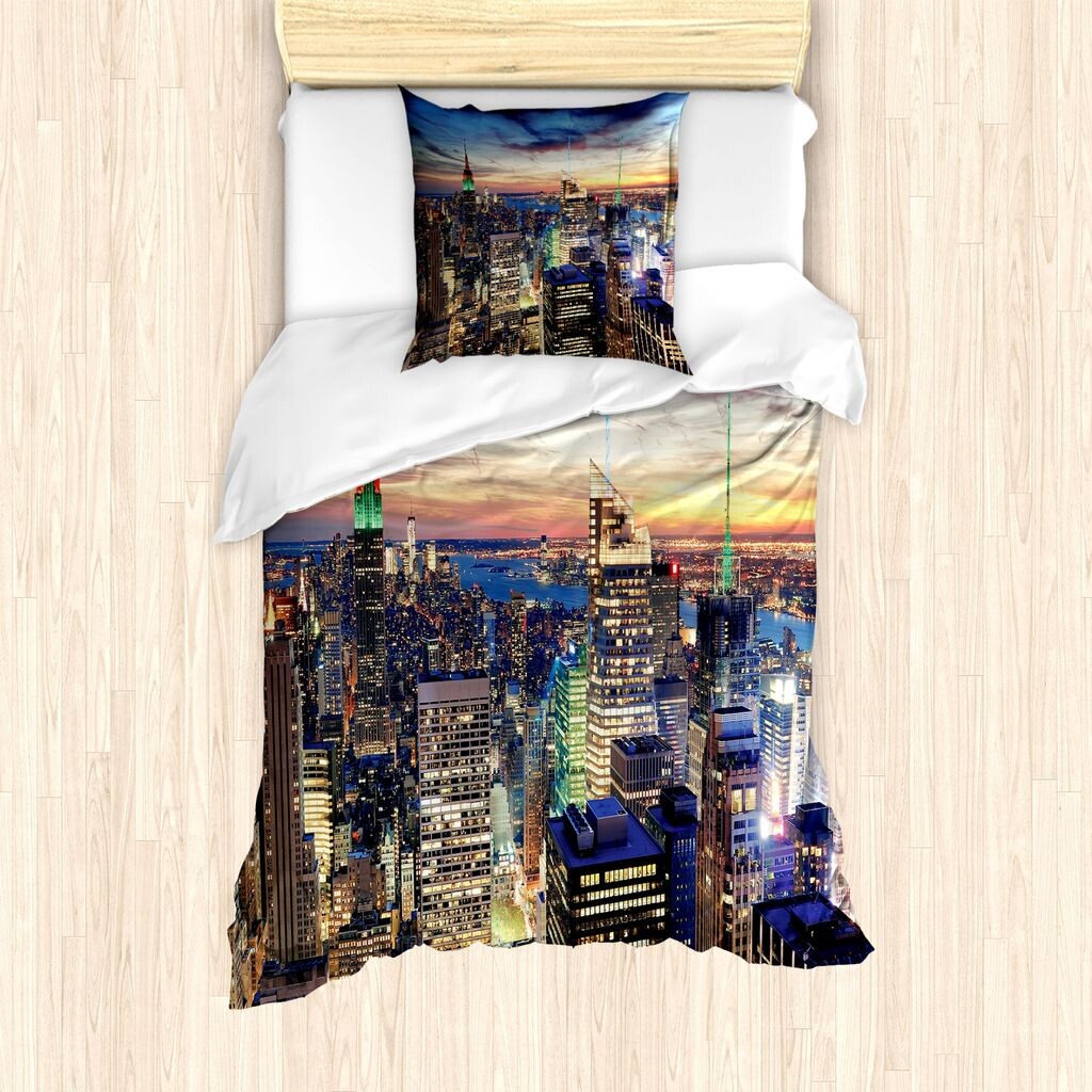 

Пальто ABAKUHAUS New York, городской пейзаж Нью-Йорка, защита от клещей, подходит для аллергиков с наволочками, 135 см x 200 см - 80 x 80 см, оранжево-синий