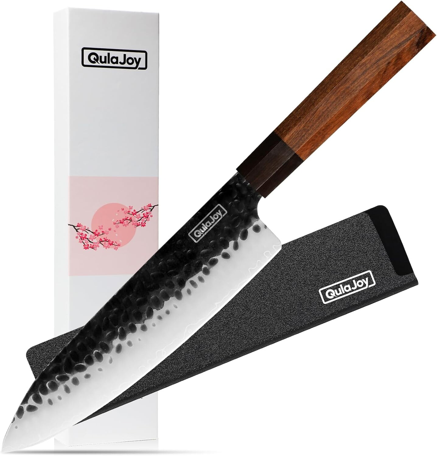 

Нож Qulajoy Gyuto, 8 дюймов - Профессиональный японский нож шеф-повара - Острый как бритва режущий стержень 9cr18mov - Кухонный нож с ручным молотком - Восьмиугольная ручка из палисандра с ножнами