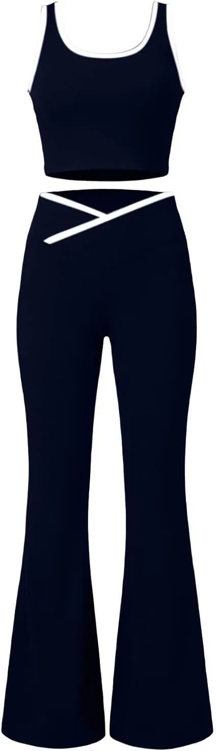 Женский спортивный комплект из топа и брюк клеш, Navy — фото 3