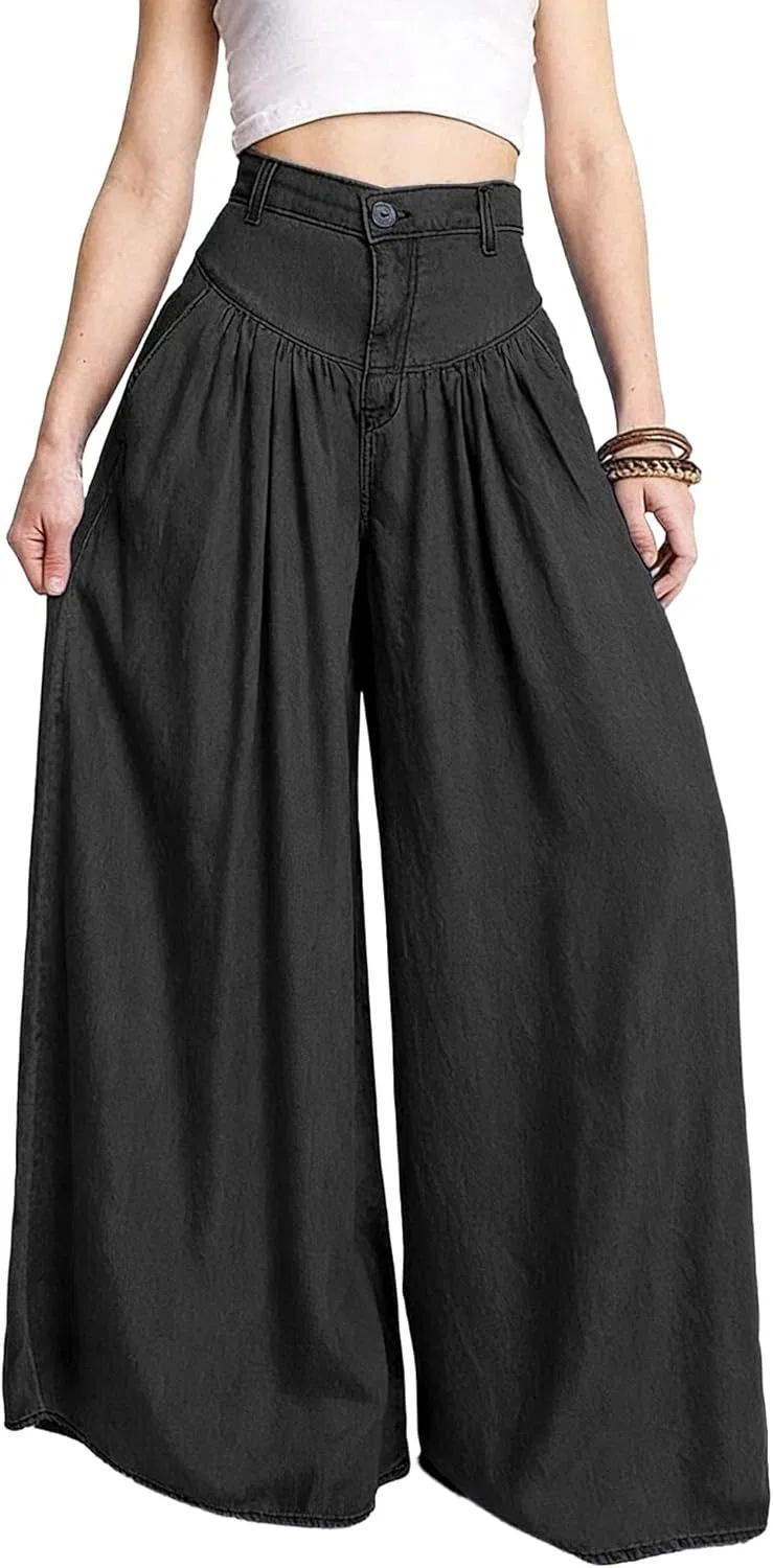 Джинсы широкие Womens High Waist Button Jeans Wide Leg Zipper Flared Denim Pants Loose Fit Pocket Casual Jeans, черный