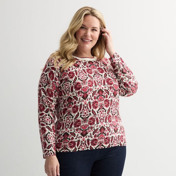 

Укороченный свитер с принтом и круглым вырезом plus size Croft & Barrow, цвет rose leaf tile