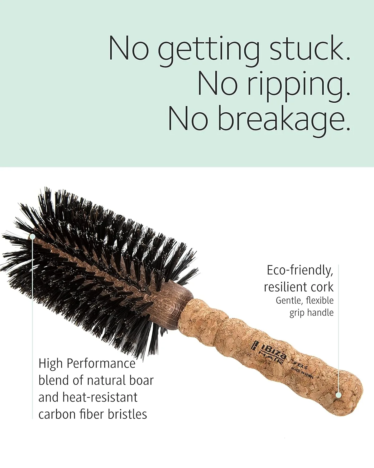 Круглая щетка Ibiza Hair из щетины кабана (серия EX), легкая с усиленной щетиной и пробковой ручкой, для блеска и текстуры, идеальна для средних и длинных волос 1 штука (1 шт.), Black, Brown — фото 3