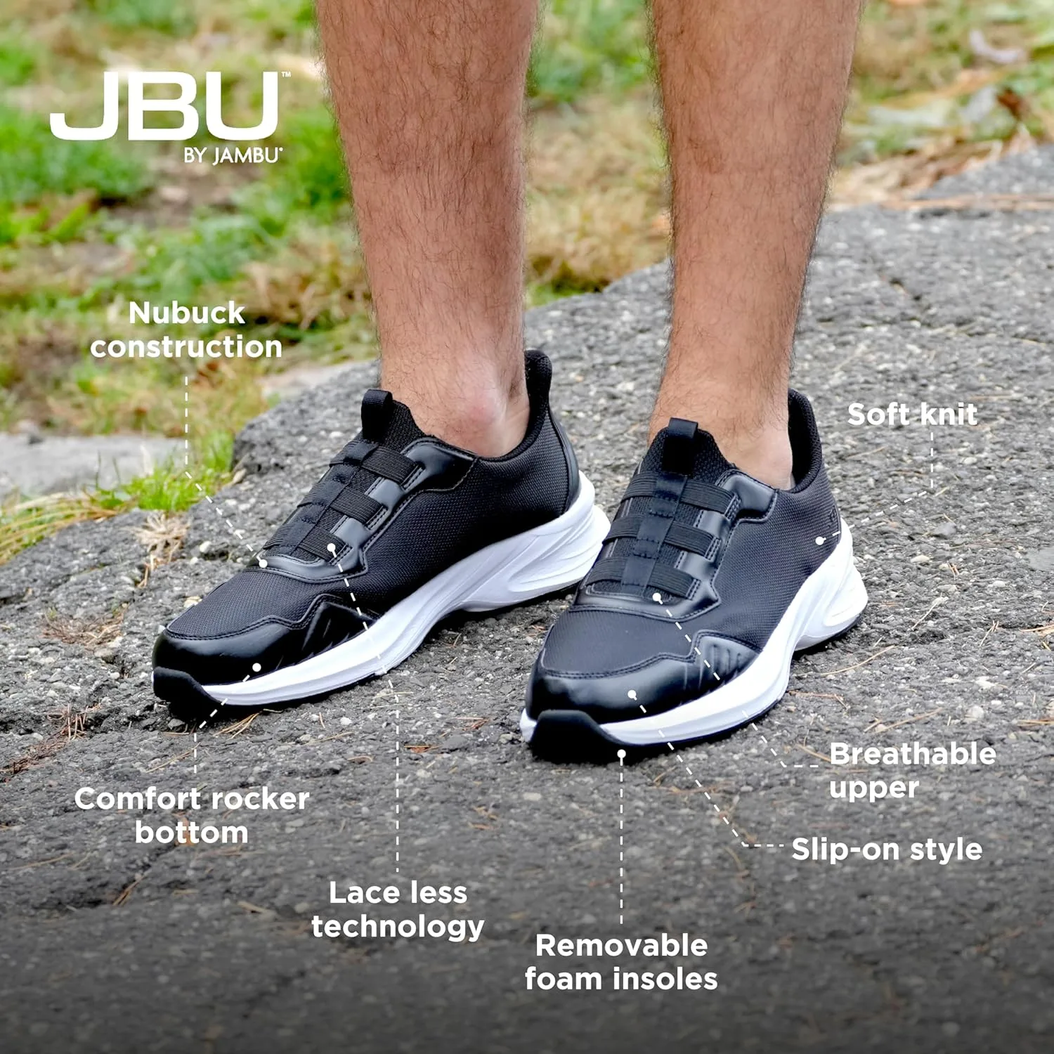 Мужские слипоны Jambu Dash Easy-wear: простой и непринужденный стиль, мягкая трикотажная и нубуковая конструкция, съемные стельки Relax Foam, комфортная подошва-качалка, черный — фото 4