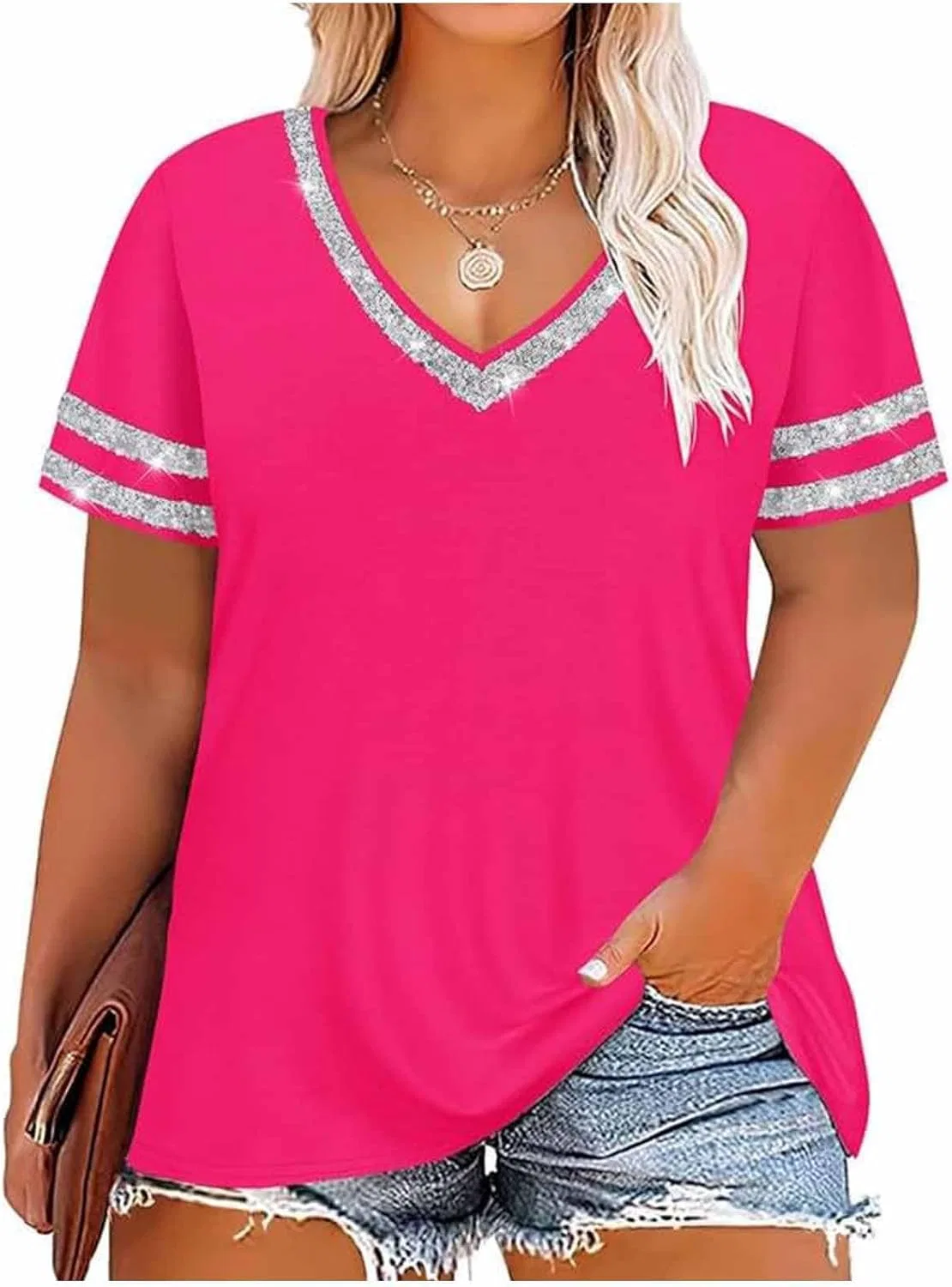 Блуза с блестками, Color Block, Hot Pink