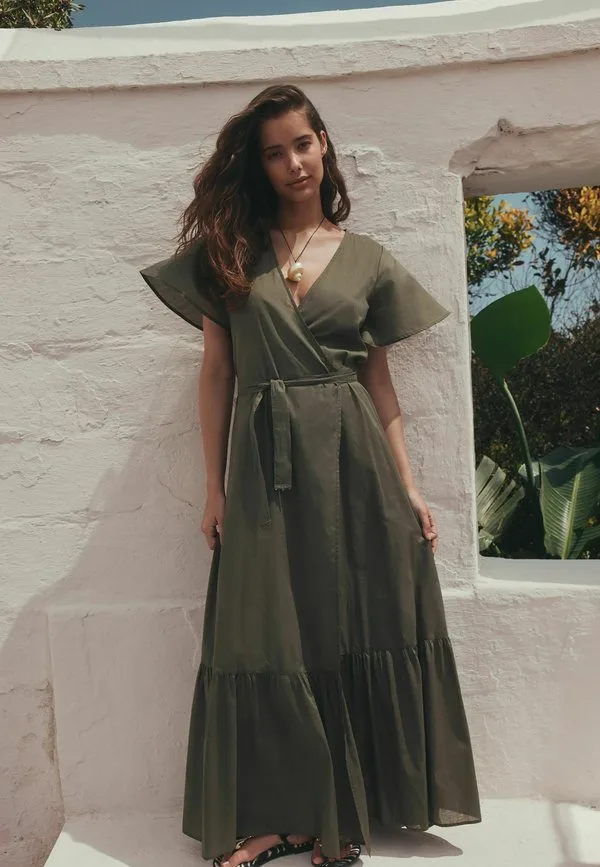 Платье-Макси прямого кроя с рукавами-крылышками и запахом Next, Khaki Green