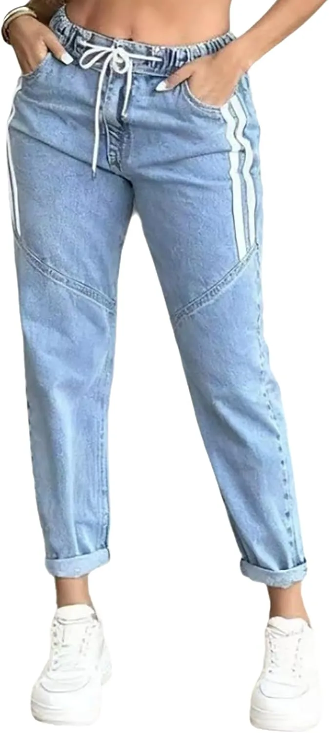 

Женские джинсы бойфренды с полосками и заплатками, эластичный пояс QLAUYIOE