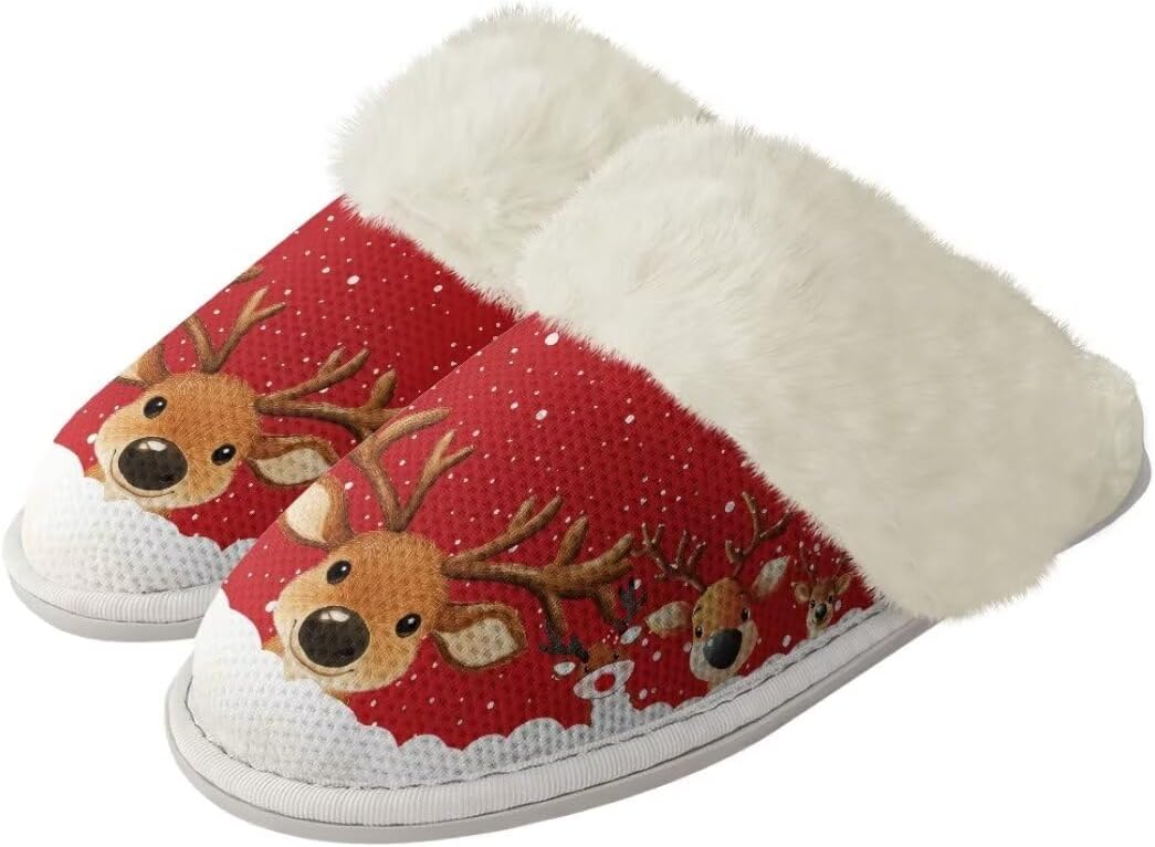 

Женские и мужские рождественские тапочки с нескользящей подошвой, пушистые домашние туфли с резиновой подошвой для дома Xixirimido, красный