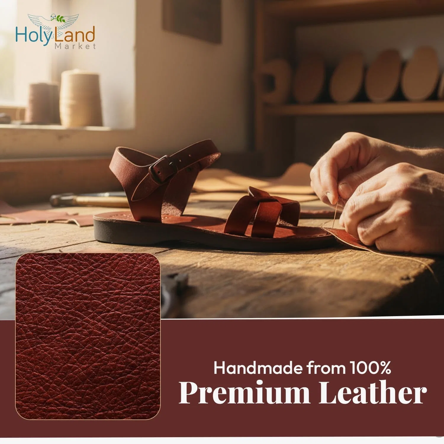Мужские сандалии/шлепанцы из натуральной кожи с библейским рисунком Holy Land Market CAMEL, Brown — фото 3