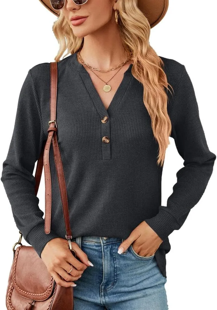 

Женская рубашка-хенли с V-образным вырезом и длинными рукавами