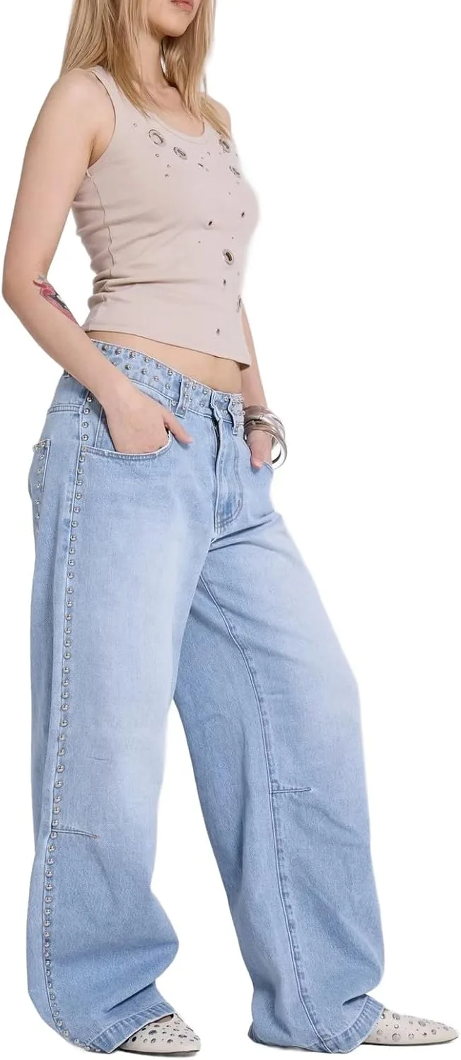 Багги джинсы с широкими штанинами и заклепками для женщин Y2k Vintage Low Rise