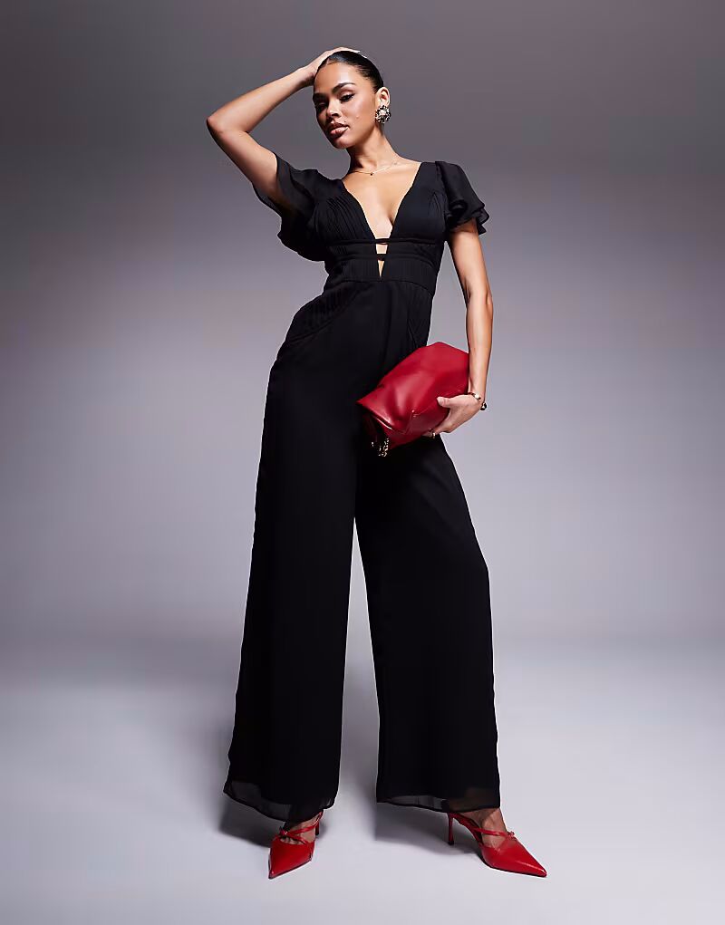 

Комбинезон ASOS DESIGN широкого кроя со сборками и струящимися рукавами черного цвета
