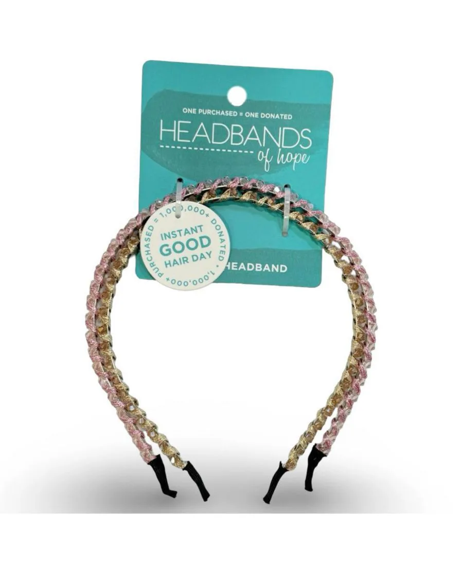 Headbands of Hope Набор тонких повязок на голову с бусинами - золотой + розовый — фото 4