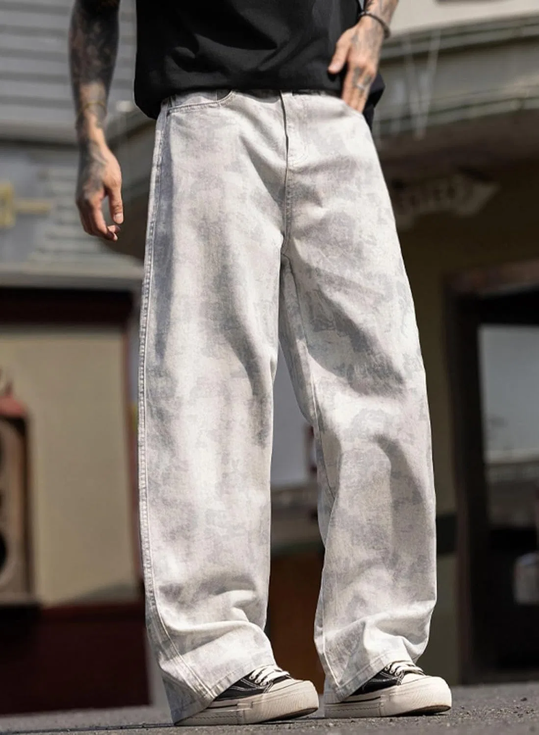 Джинсы свободные Men's Denim Pants Y2K Hip Hop Baggy Jeans Loose Fit Wide Leg Casual Streetwear Trousers Washed Hip Hop Pantses, Серый — фото 2