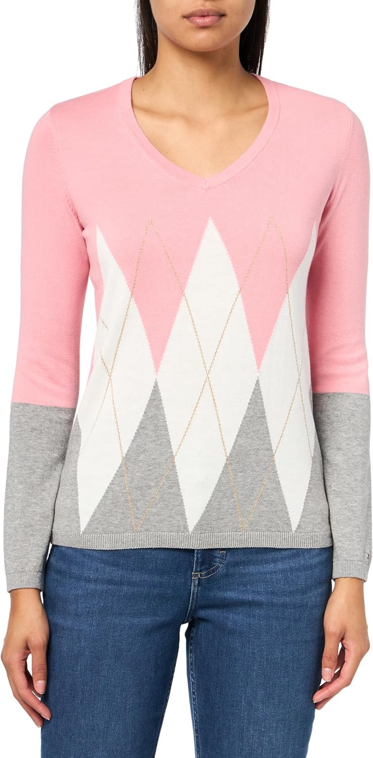 

Женский свитер Tommy Hilfiger с V-образным вырезом и длинными рукавами, узором «плющ» и узором «ромбы», English Rose Multi