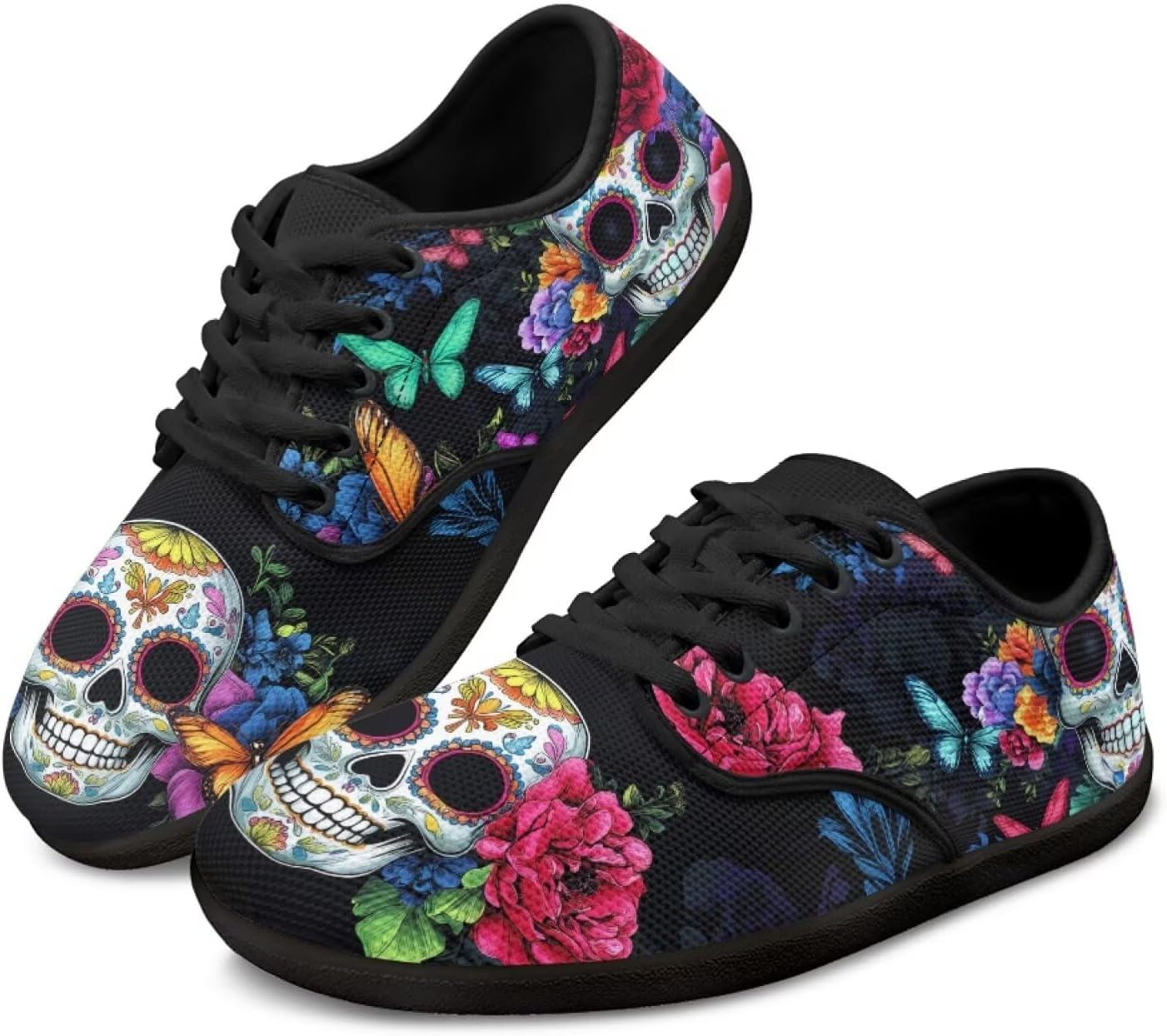

Кроссовки Skull для женщин и мужчин, повседневная обувь для бизнеса, с широкой носочной частью, босоножки, обувь для ходьбы с нулевым перепадом Pointodoor, Skull Butterfly Flower Print