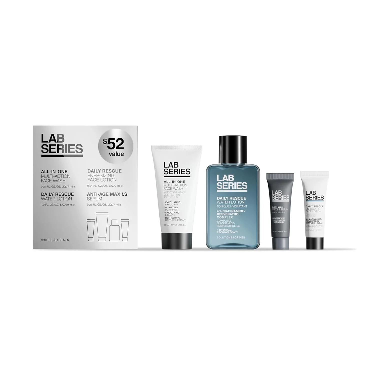 Lab Series Travel Size Essentials набор для ухода за кожей для мужчин: All-In-One Face Wash 30 мл, Daily Rescue Face Toner 30 мл, Daily Rescue Face Lotion 6 мл и Max LS Face Serum 6 мл