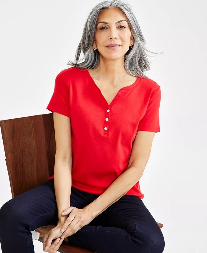 

Хлопковая футболка Petite Henley с короткими рукавами Style & Co, красный