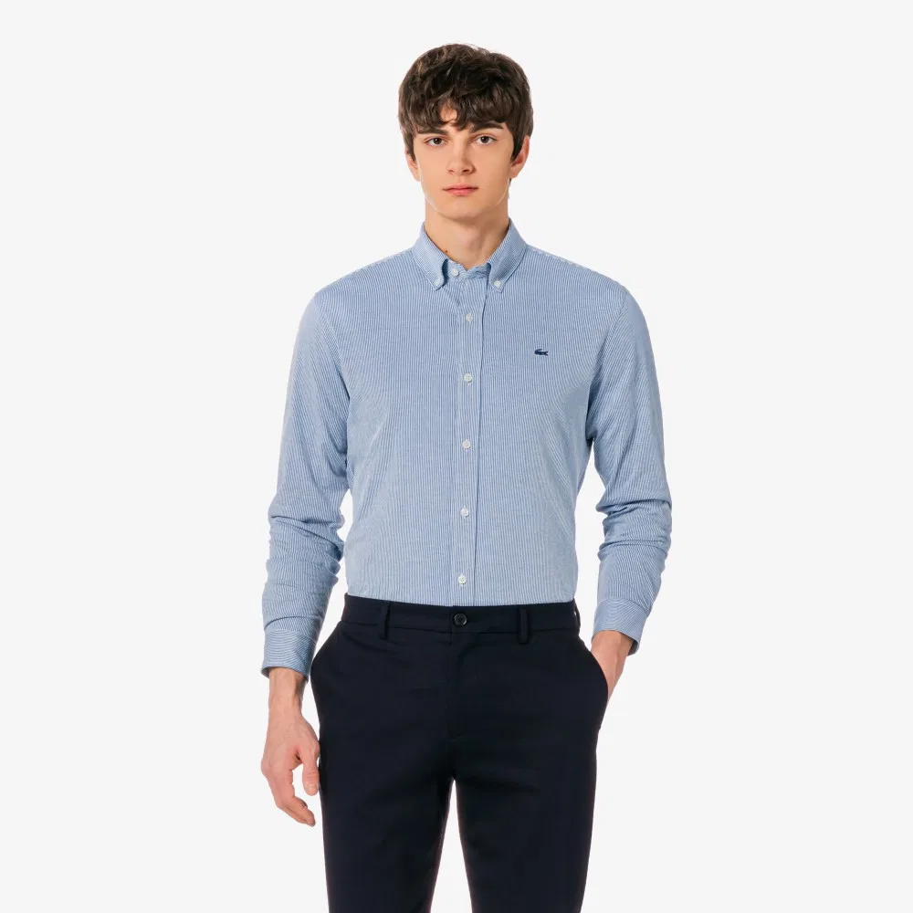 Мужская полосатая рубашка из джерси тёмно-синяя от Lacoste