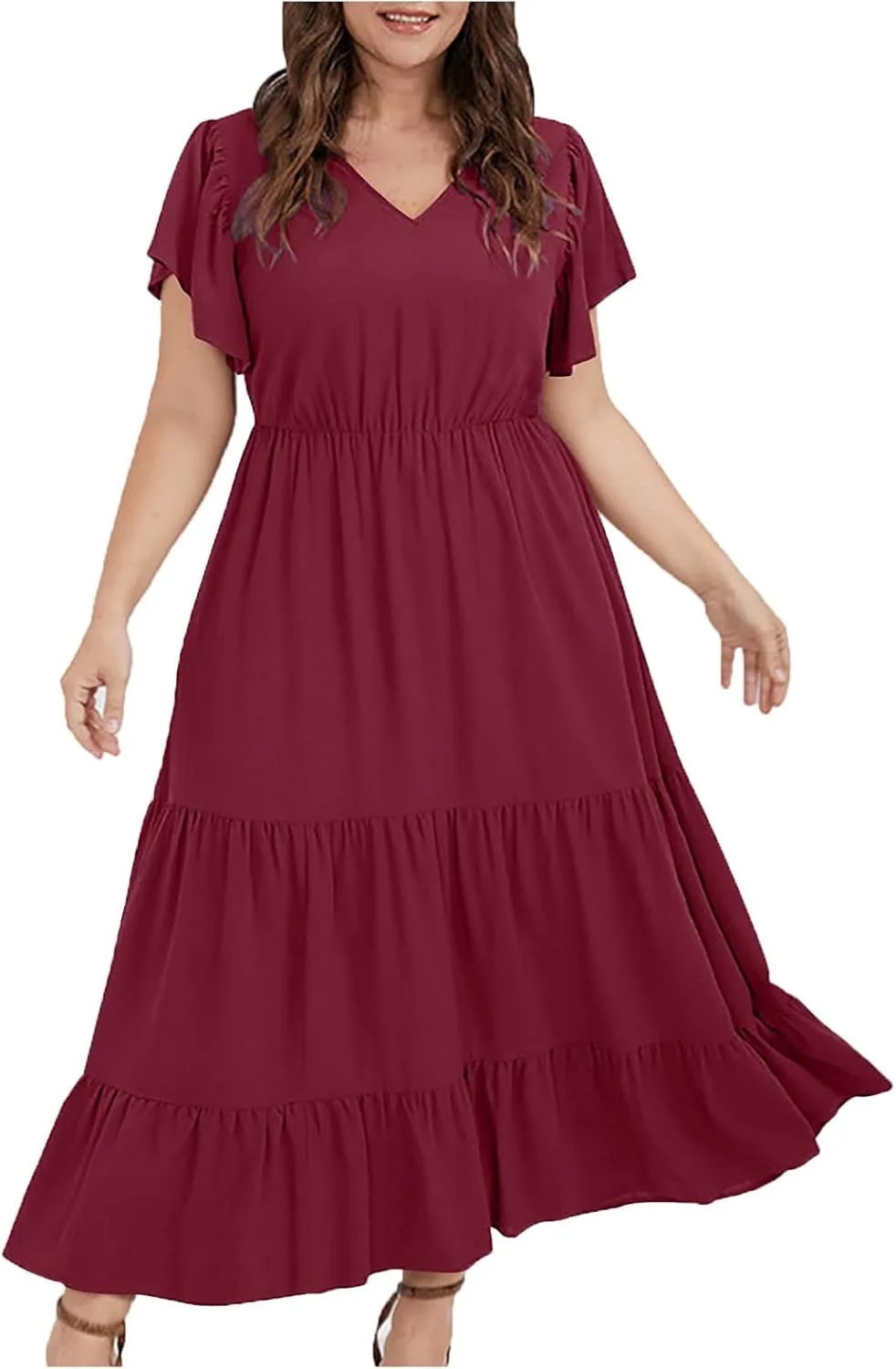 Женское повседневное платье свободного кроя Plus Size с коротким рукавом и V-образным вырезом, с карманами, для лета и осени Generic, Wine