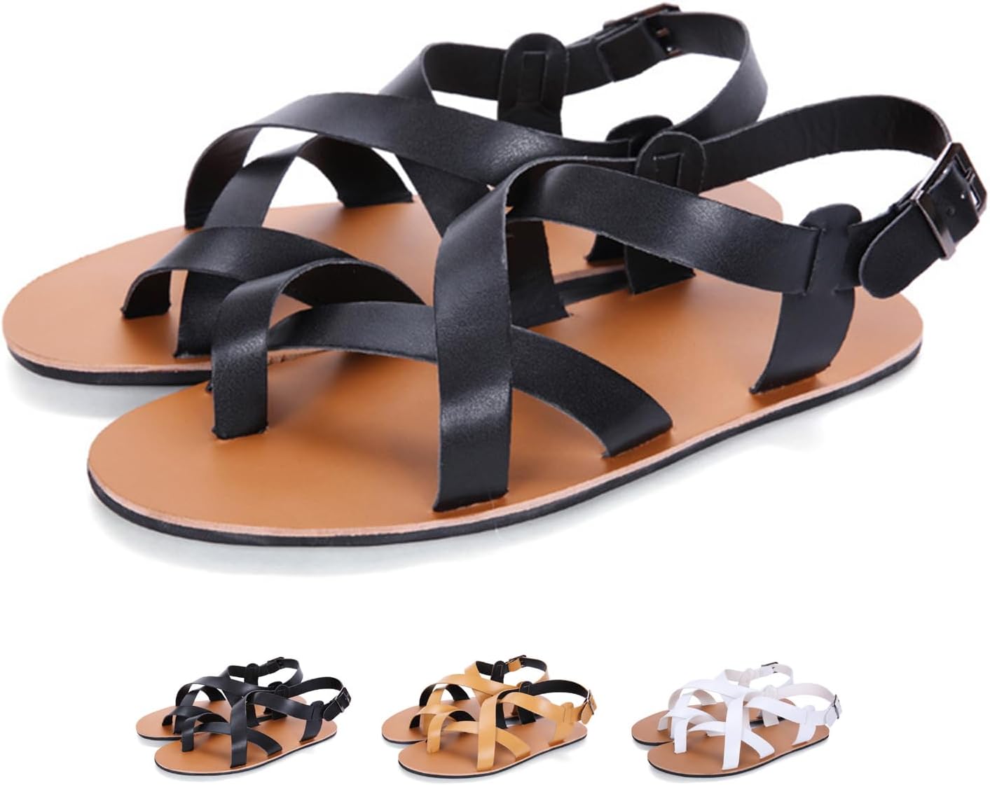 

Мужские кожаные сандалии-гладиаторы с ремешком и вырезами, регулируемый пряжкой, летние повседневные сандалии с перекрестными ремешками, низкие плоские римские сандалии для улицы и пляжа Zeberfi, черный