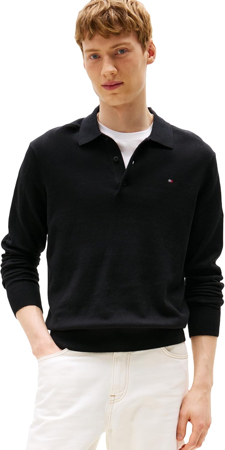 

Мужской свитер-поло Tommy Hilfiger из хлопка и кашемира с длинными рукавами, Black