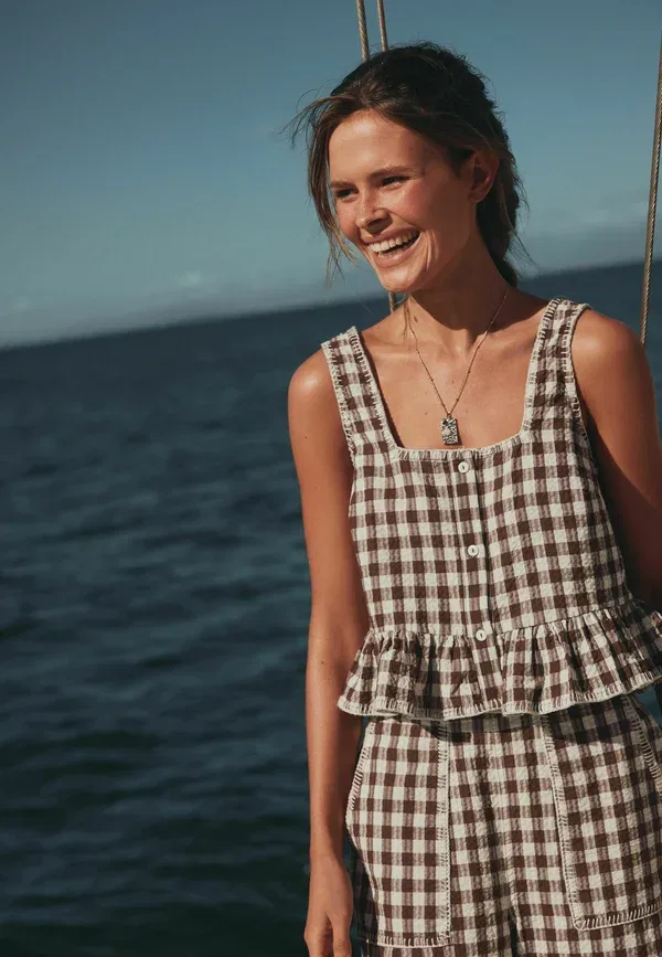 Топ Regular fit peplum square neck Next, шоколадно-коричневая клетка — фото 2
