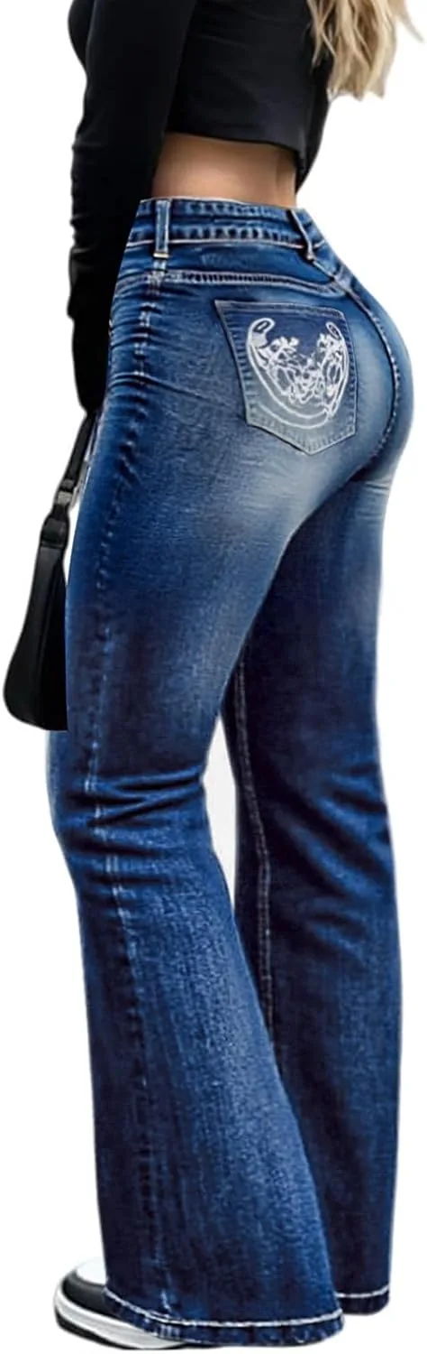 

Плюс сайз буткат джинсы для женщин, стретч, флейр, высокая посадка, вышивка, белл боттом Cuyulitcik