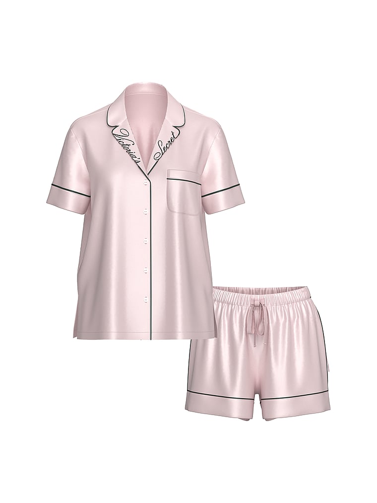Короткий пижамный комплект из глянцевого атласа Victoria'S Secret, embroidered angel pink w collar embroidery — фото 4