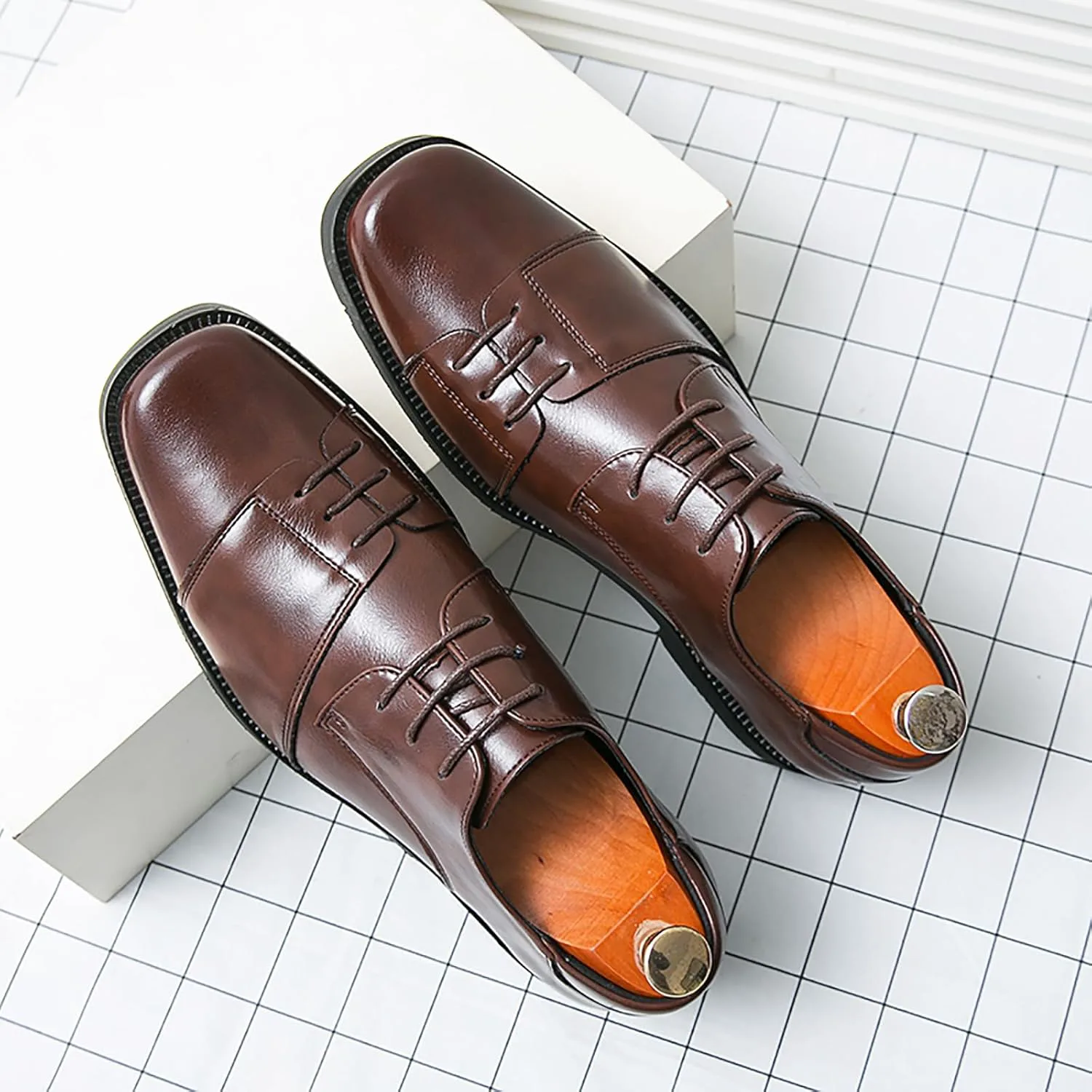 Мужское кожаное шнуровка, формальное платье Oxfords Fashion Comfort, платье с квадратным носком на каблуке, кожаные туфли для офисного свадебного бизнеса, лоферы EGEBS, коричневый — фото 4